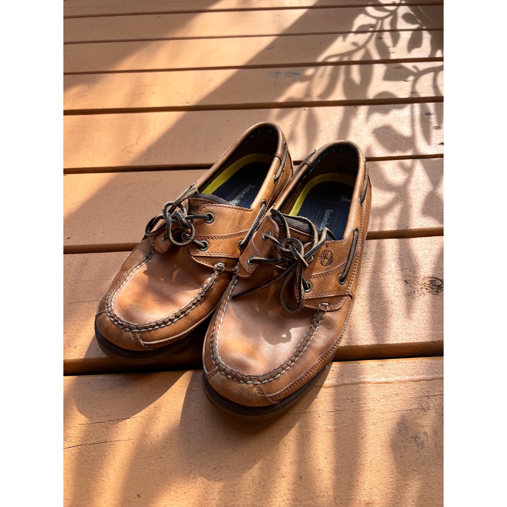 Timberland Mens Tan Brown Leather Boat Shoes Nautical Signal Flag Loafers - Picture 1 of 9